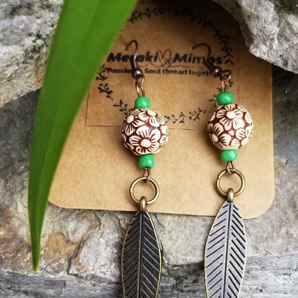 Meraki Mimos Boho Floral Ceramic Bead and Bronze Leaf Drop Earrings Green Cream